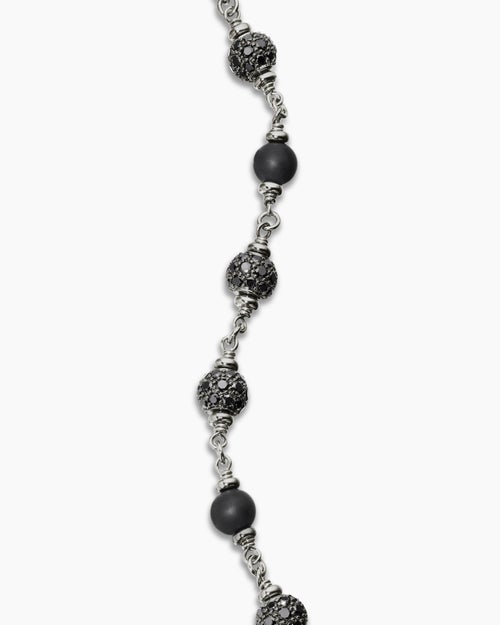 Mens Spiritual Beads Bracelet in Sterling Silver with Black Onyx and Black Diamonds, 6mm