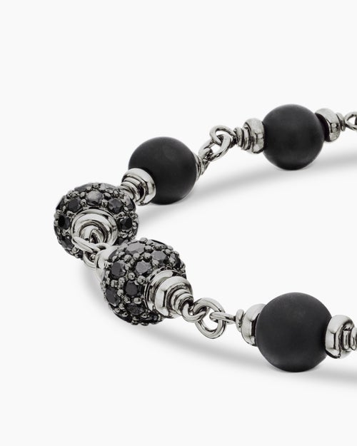 Mens Spiritual Beads Bracelet in Sterling Silver with Black Onyx and Black Diamonds, 6mm
