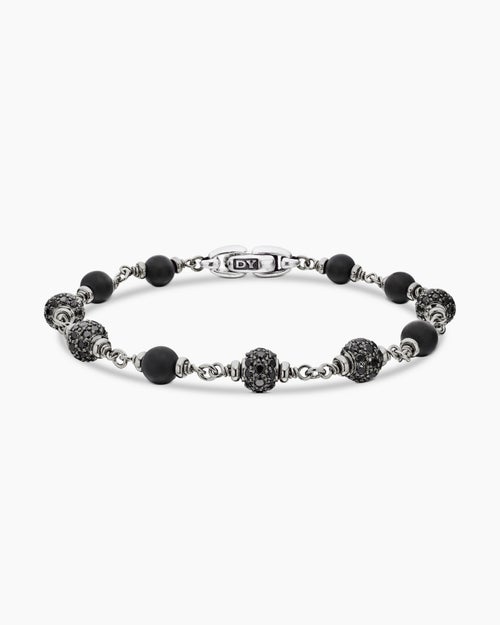 Mens Spiritual Beads Bracelet in Sterling Silver with Black Onyx and Black Diamonds, 6mm