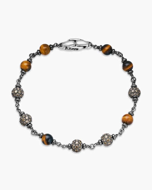 Mens Spiritual Beads Bracelet in Sterling Silver with Tiger’s Eye and Cognac Diamonds, 6mm