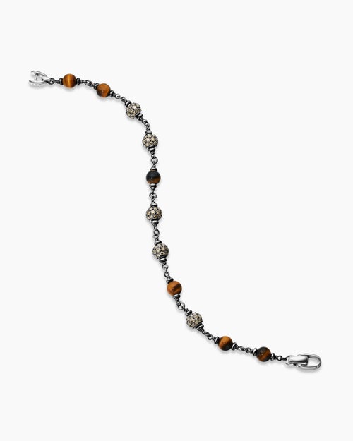 Mens Spiritual Beads Bracelet in Sterling Silver with Tiger’s Eye and Cognac Diamonds, 6mm