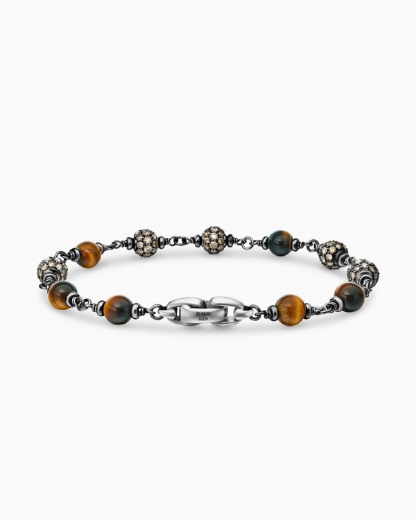 Spiritual Beads Bracelet in Sterling Silver with Tiger’s Eye and Cognac Diamonds, 6mm