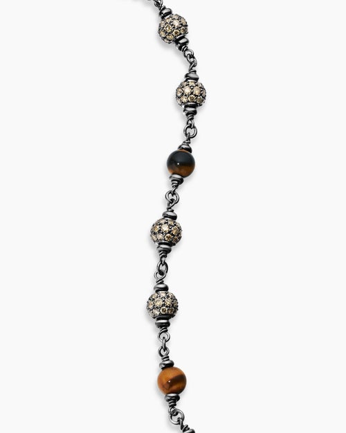Mens Spiritual Beads Bracelet in Sterling Silver with Tiger’s Eye and Cognac Diamonds, 6mm