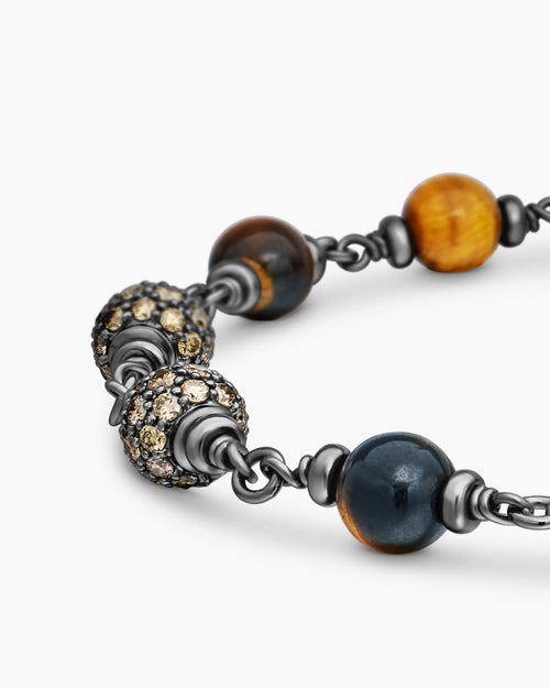 Mens Spiritual Beads Bracelet in Sterling Silver with Tiger’s Eye and Cognac Diamonds, 6mm