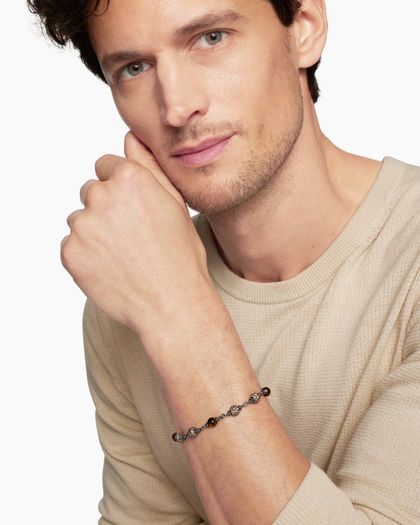 Spiritual Beads Bracelet in Sterling Silver with Tiger’s Eye and Cognac Diamonds, 6mm