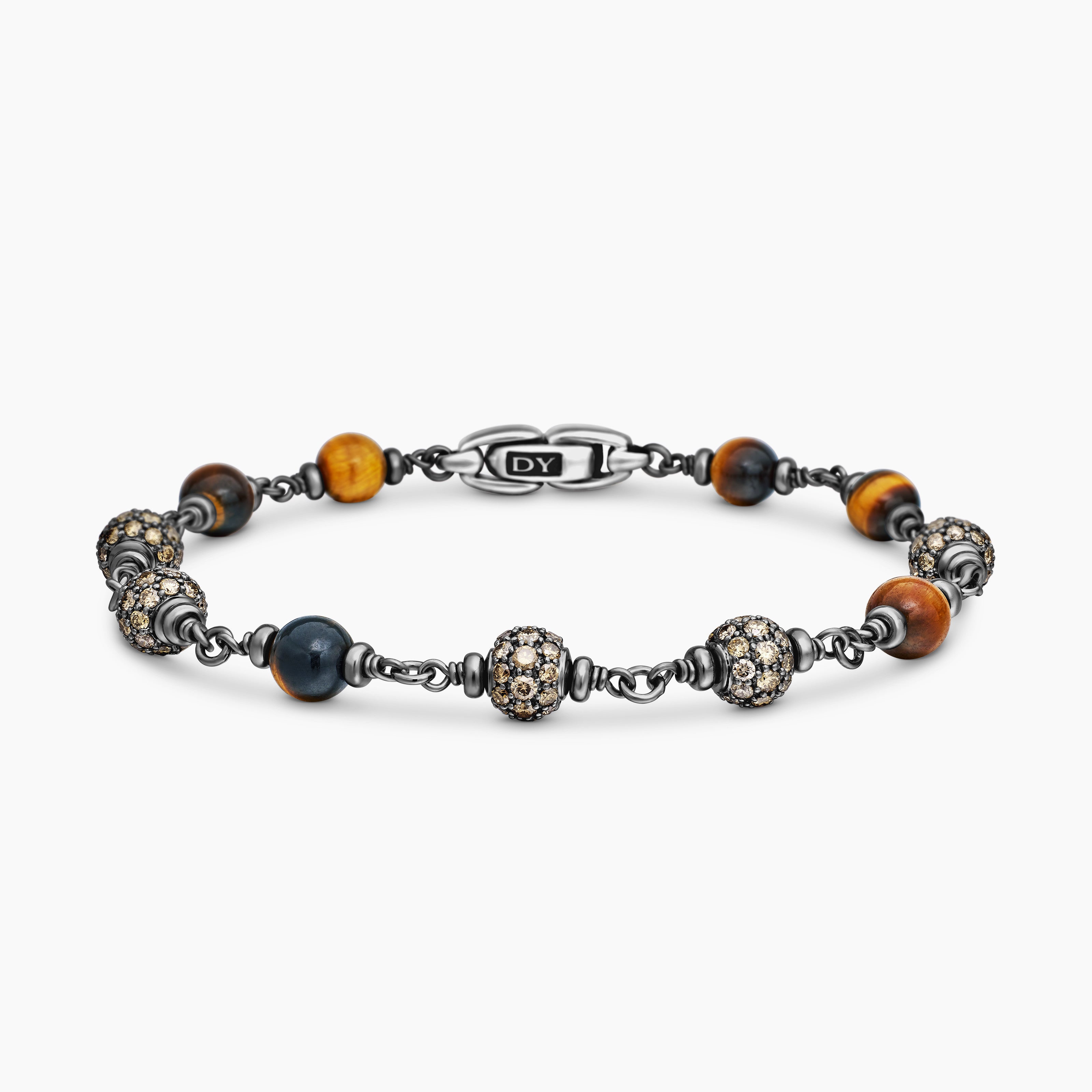 Bracelet Spiritual Beads en argent massif avec &oelig;il-de-tigre et diamants cognac, 6 mm homme 