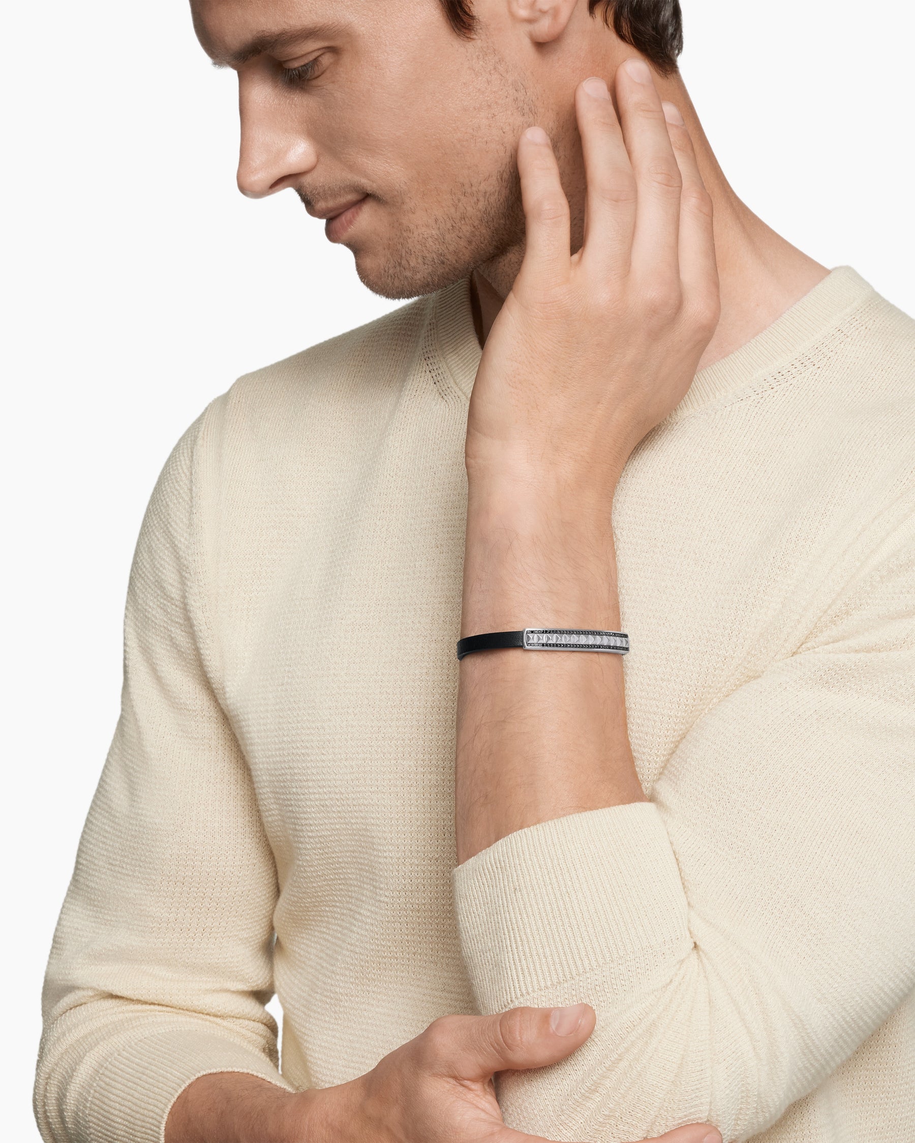 Mens Pyramid ID Bracelet in Black Leather with Black Diamonds, 9mm 
