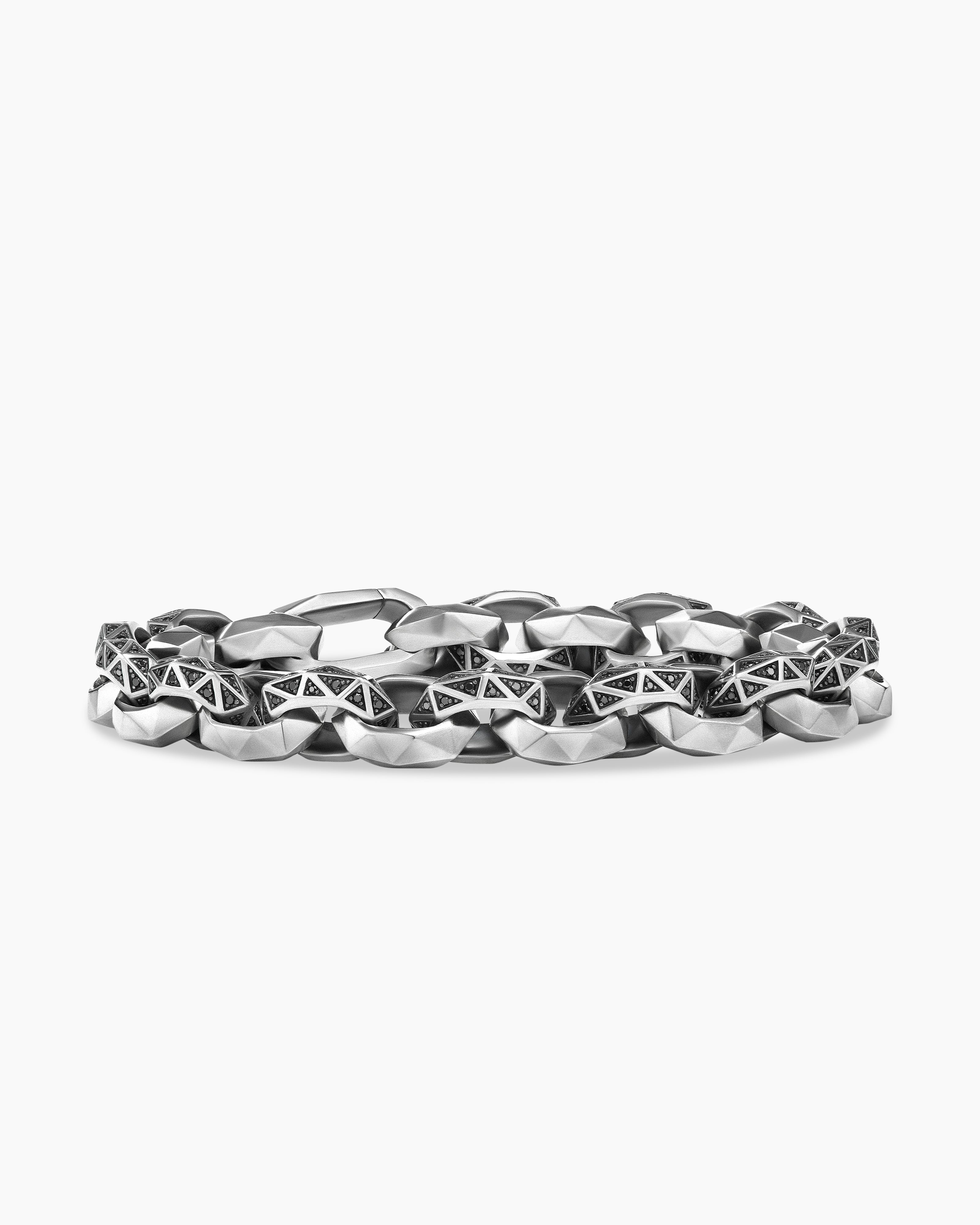 David Yurman Torqued Faceted Link Bracelet in Sterling Silver with Pave Black Diamonds | Medium