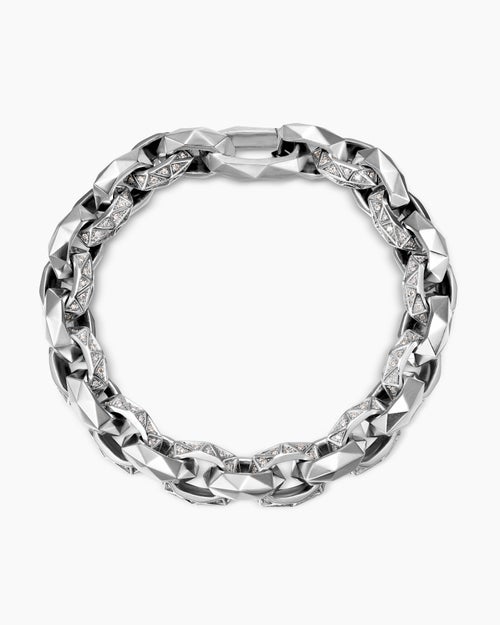 Mens Faceted Link Bracelet in Sterling Silver with Diamonds, 11.6mm