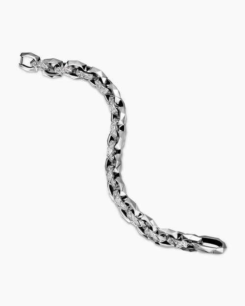 Mens Faceted Link Bracelet in Sterling Silver with Diamonds, 11.6mm