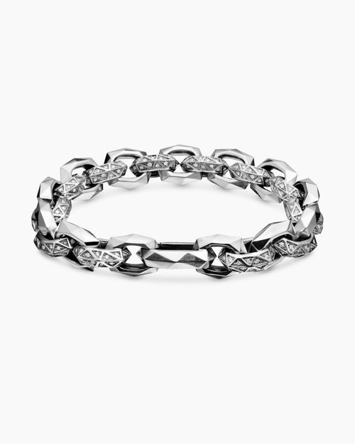 Mens Faceted Link Bracelet in Sterling Silver with Diamonds, 11.6mm