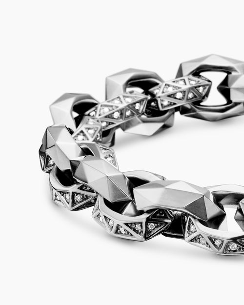 Mens Faceted Link Bracelet in Sterling Silver with Diamonds, 11.6mm