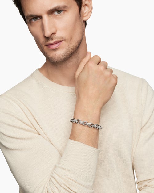 Mens Faceted Link Bracelet in Sterling Silver with Diamonds, 11.6mm