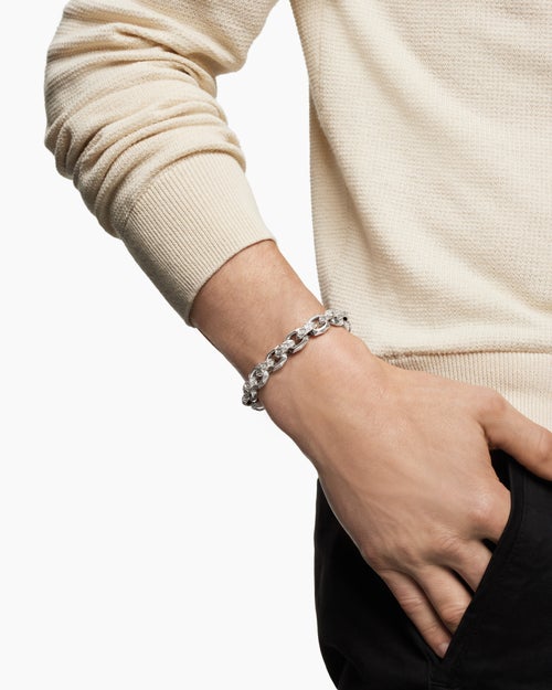 Mens Faceted Link Bracelet in Sterling Silver with Diamonds, 11.6mm