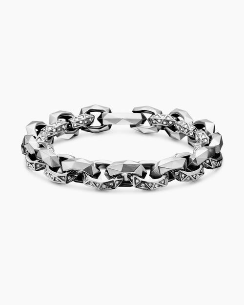 Mens Faceted Link Bracelet in Sterling Silver with Diamonds, 11.6mm