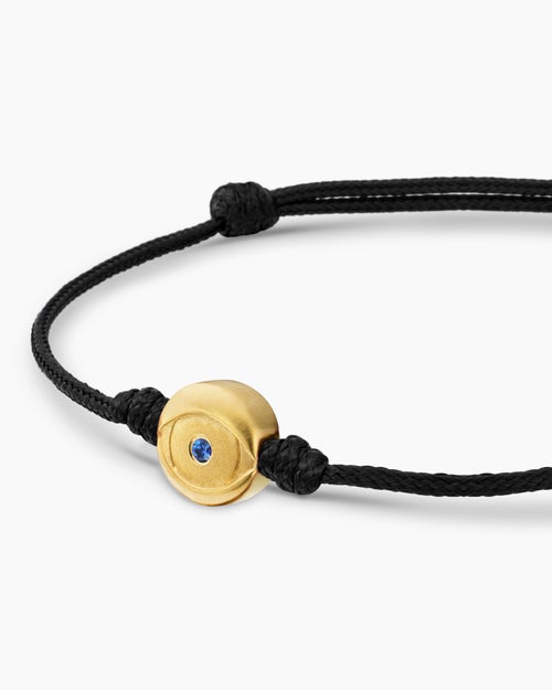 Mens Evil Eye Cord Bracelet in Black Nylon with 18K Yellow Gold and Sapphire, 7.7mm