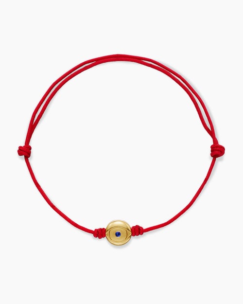 Mens Evil Eye Cord Bracelet in Red Nylon with 18K Yellow Gold and Sapphire, 7.7mm