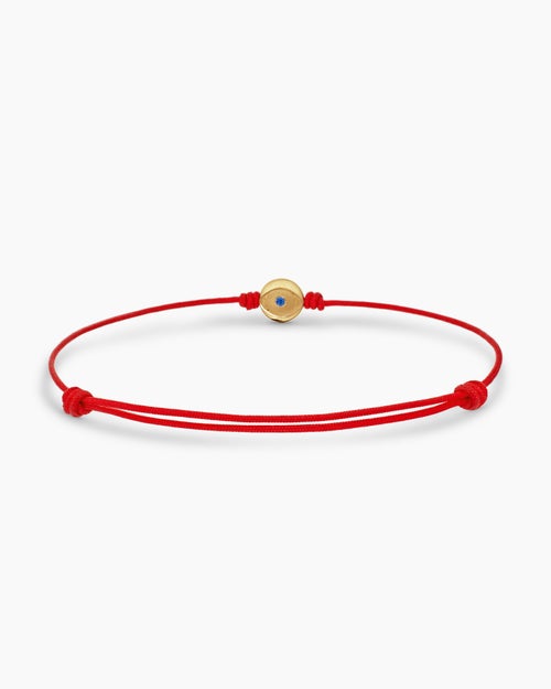 Mens Evil Eye Cord Bracelet in Red Nylon with 18K Yellow Gold and Sapphire, 7.7mm