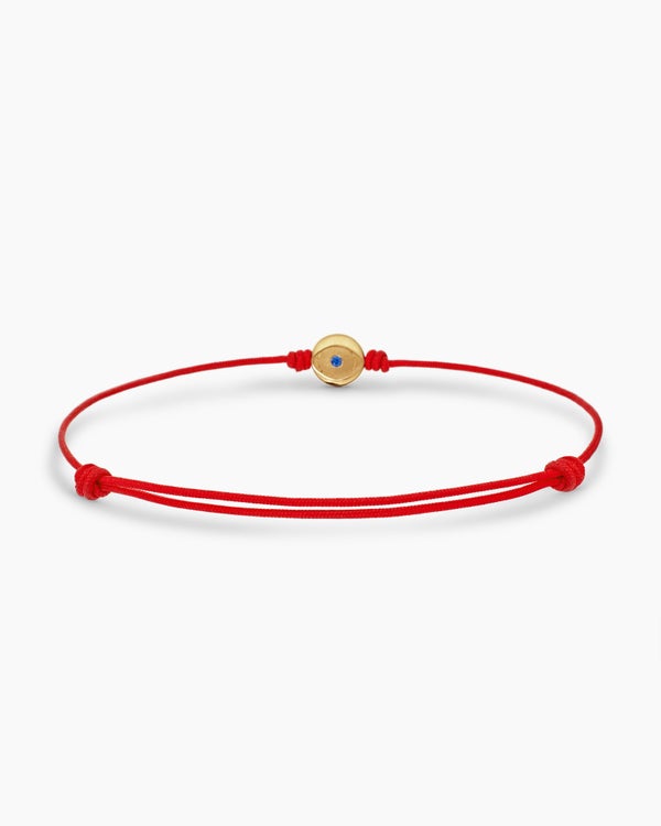 Evil Eye Cord Bracelet in Red Nylon with 18K Yellow Gold and Sapphire, 7.7mm