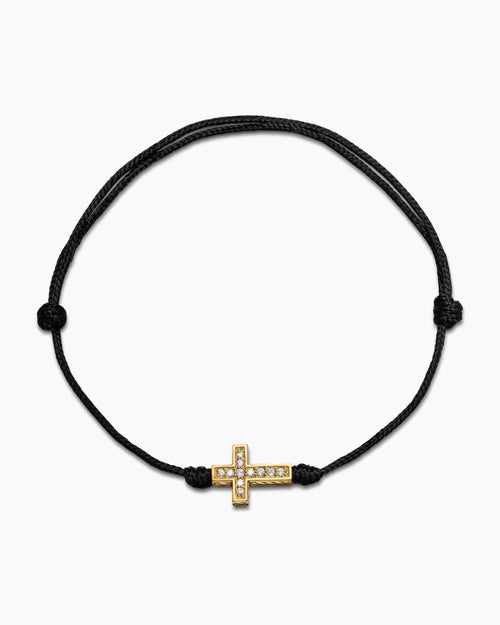 Mens Cross Cord Bracelet in Black Nylon with 18ct Yellow Gold and Diamonds, 9mm