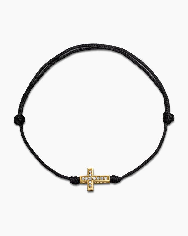 Cross Cord Bracelet in Black Nylon with 18K Yellow Gold and Diamonds, 9mm