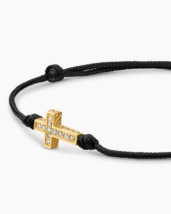 Cross Cord Bracelet in Black Nylon with 18K Yellow Gold and Diamonds, 9mm