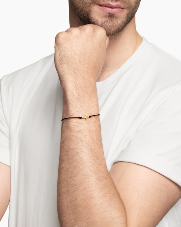 Cross Cord Bracelet in Black Nylon with 18K Yellow Gold and Diamonds, 9mm