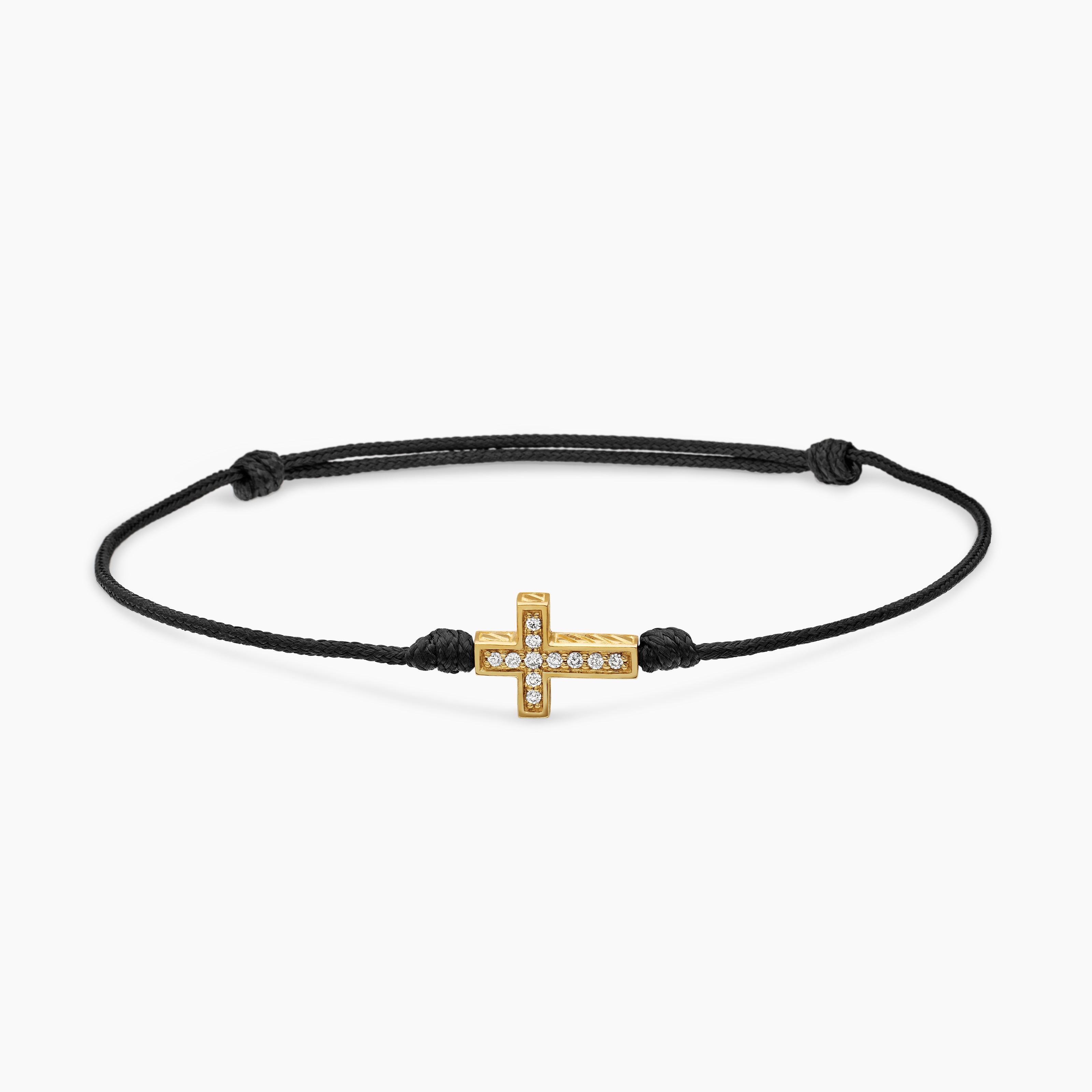 Mens Cross Cord Bracelet in Black Nylon with 18K Yellow Gold and Diamonds, 9mm