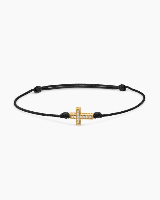 Cross Cord Bracelet in Black Nylon with 18K Yellow Gold and Diamonds, 9mm