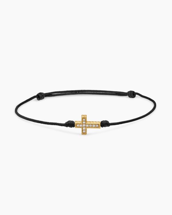 Cross Cord Bracelet in Black Nylon with 18K Yellow Gold and Diamonds, 9mm