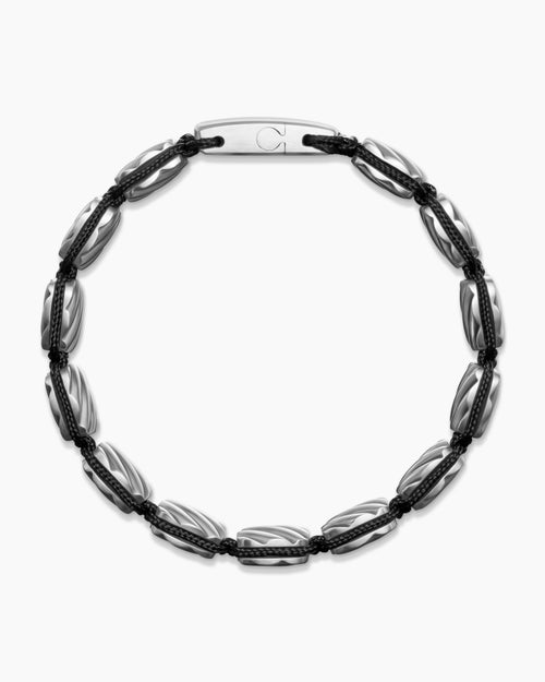 Mens Sculpted Cable Woven Tile Bracelet with Sterling Silver and Black Nylon, 8.5mm