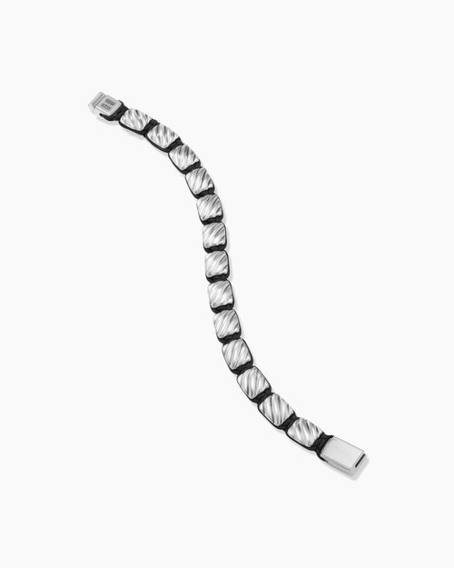 Mens Sculpted Cable Woven Tile Bracelet with Sterling Silver and Black Nylon, 8.5mm