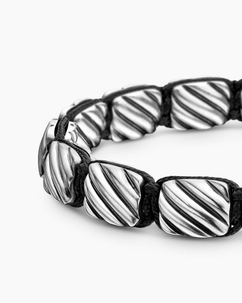 Mens Sculpted Cable Woven Tile Bracelet with Sterling Silver and Black Nylon, 8.5mm