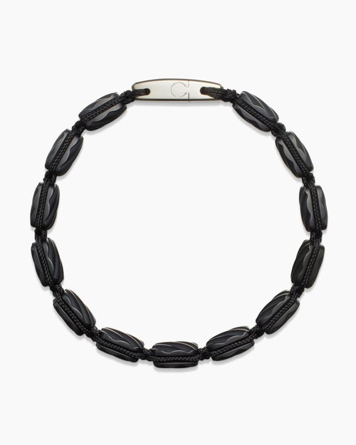 Mens Sculpted Cable Woven Tile Bracelet in Black Titanium with Sterling Silver and Black Nylon, 8.5mm