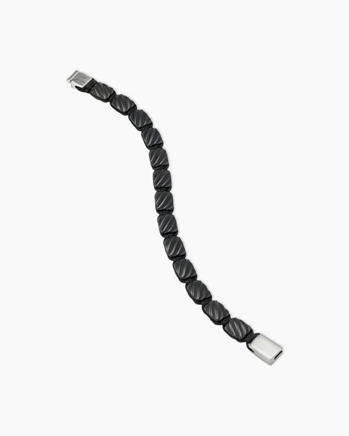 Mens Sculpted Cable Woven Tile Bracelet in Black Titanium with Sterling Silver and Black Nylon, 8.5mm