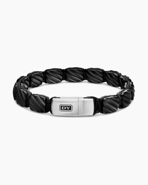 Mens Sculpted Cable Woven Tile Bracelet in Black Titanium with Sterling Silver, 8.5mm