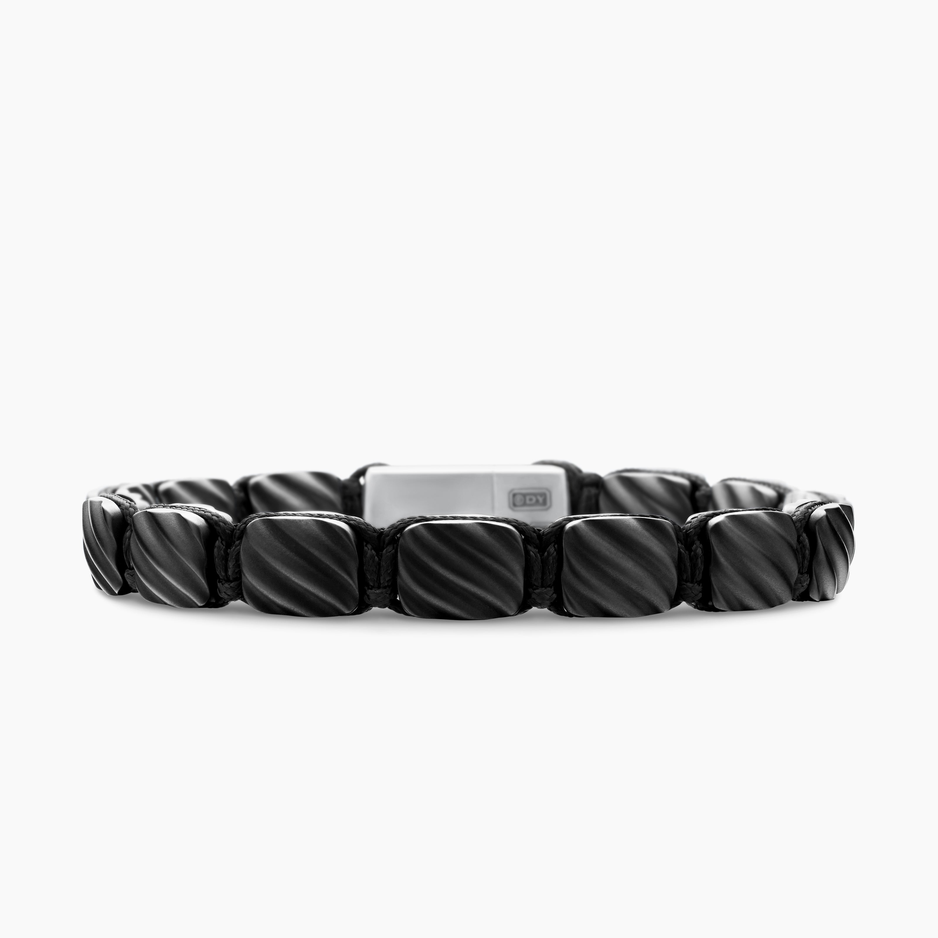 Mens Sculpted Cable Woven Tile Bracelet in Black Titanium with Sterling Silver, 8.5mm