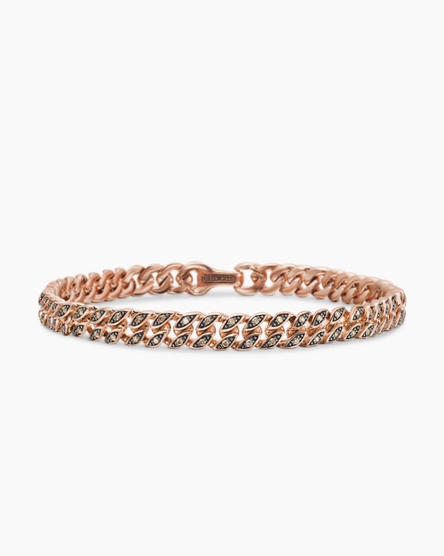 Mens Curb Chain Bracelet in 18K Rose Gold with Cognac Diamonds, 6mm