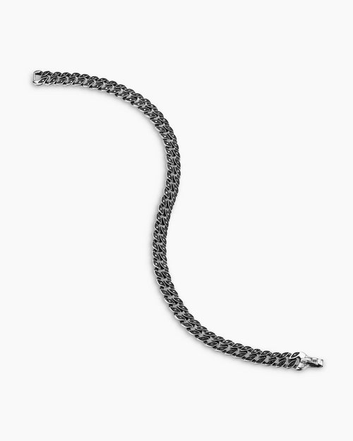 Mens Curb Chain Bracelet in Sterling Silver with Black Diamonds, 6mm