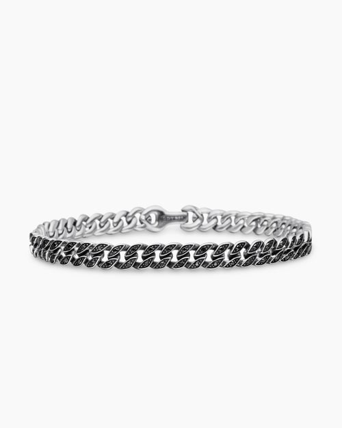 Mens Curb Chain Bracelet in Sterling Silver with Black Diamonds, 6mm