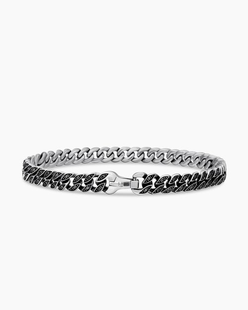Mens Curb Chain Bracelet in Sterling Silver with Black Diamonds, 6mm
