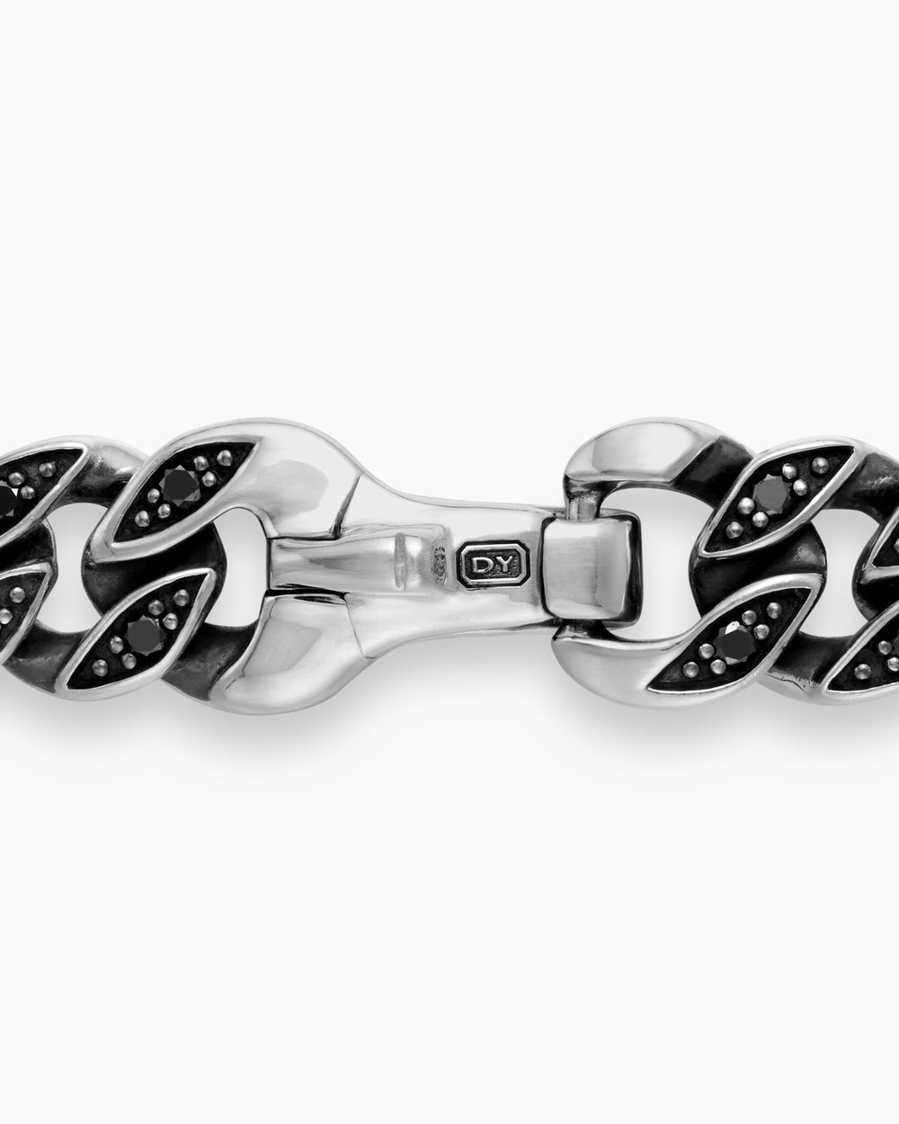 Mens Curb Chain Bracelet in Sterling Silver with Black Diamonds, 6mm