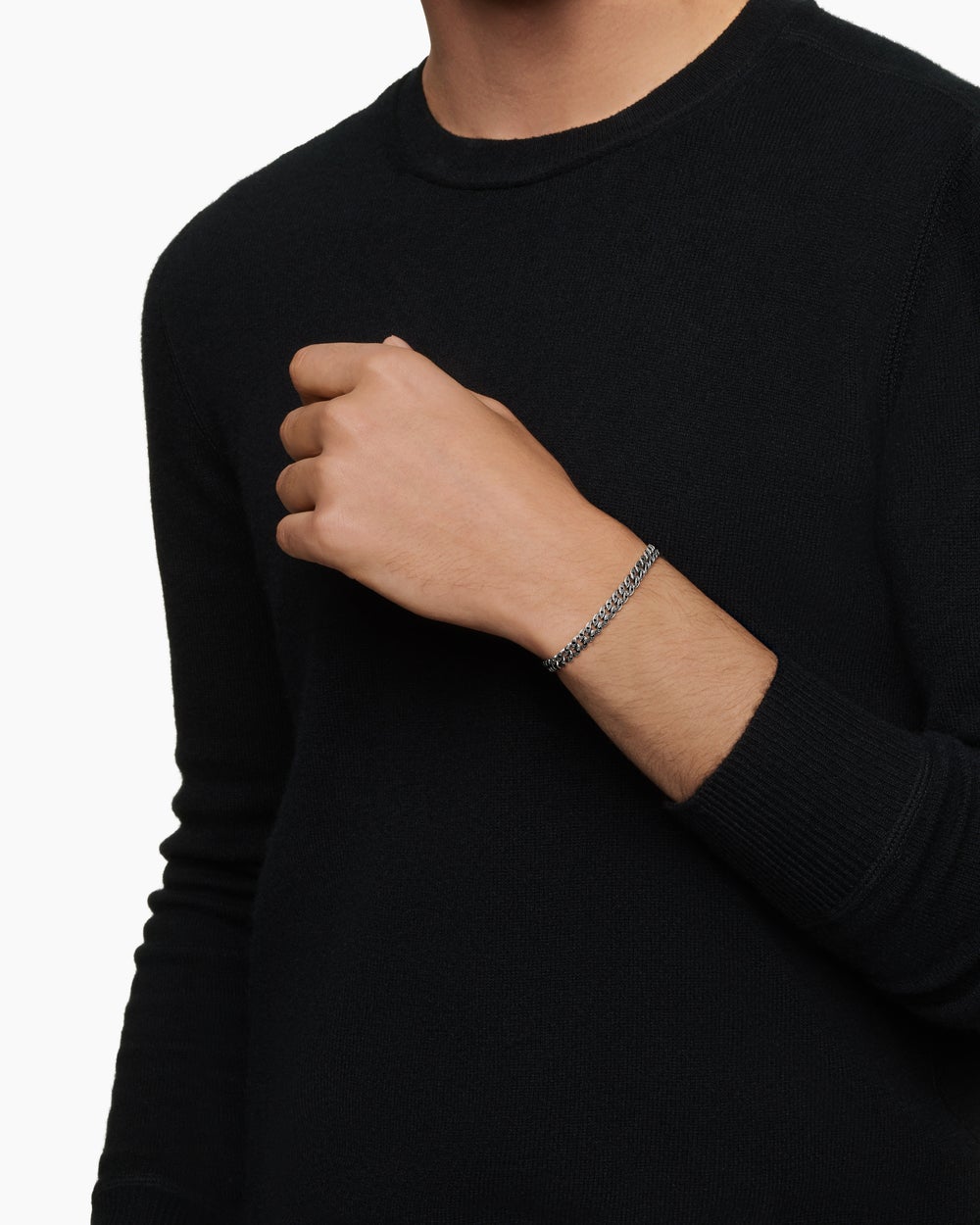 Mens Curb Chain Bracelet in Sterling Silver with Black Diamonds, 6mm