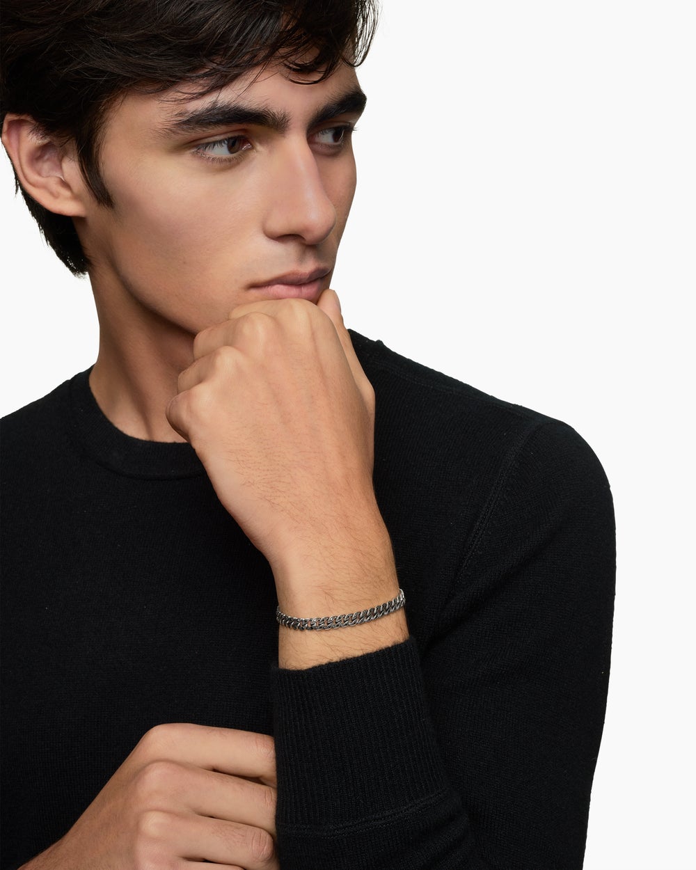 Mens Curb Chain Bracelet in Sterling Silver with Black Diamonds, 6mm