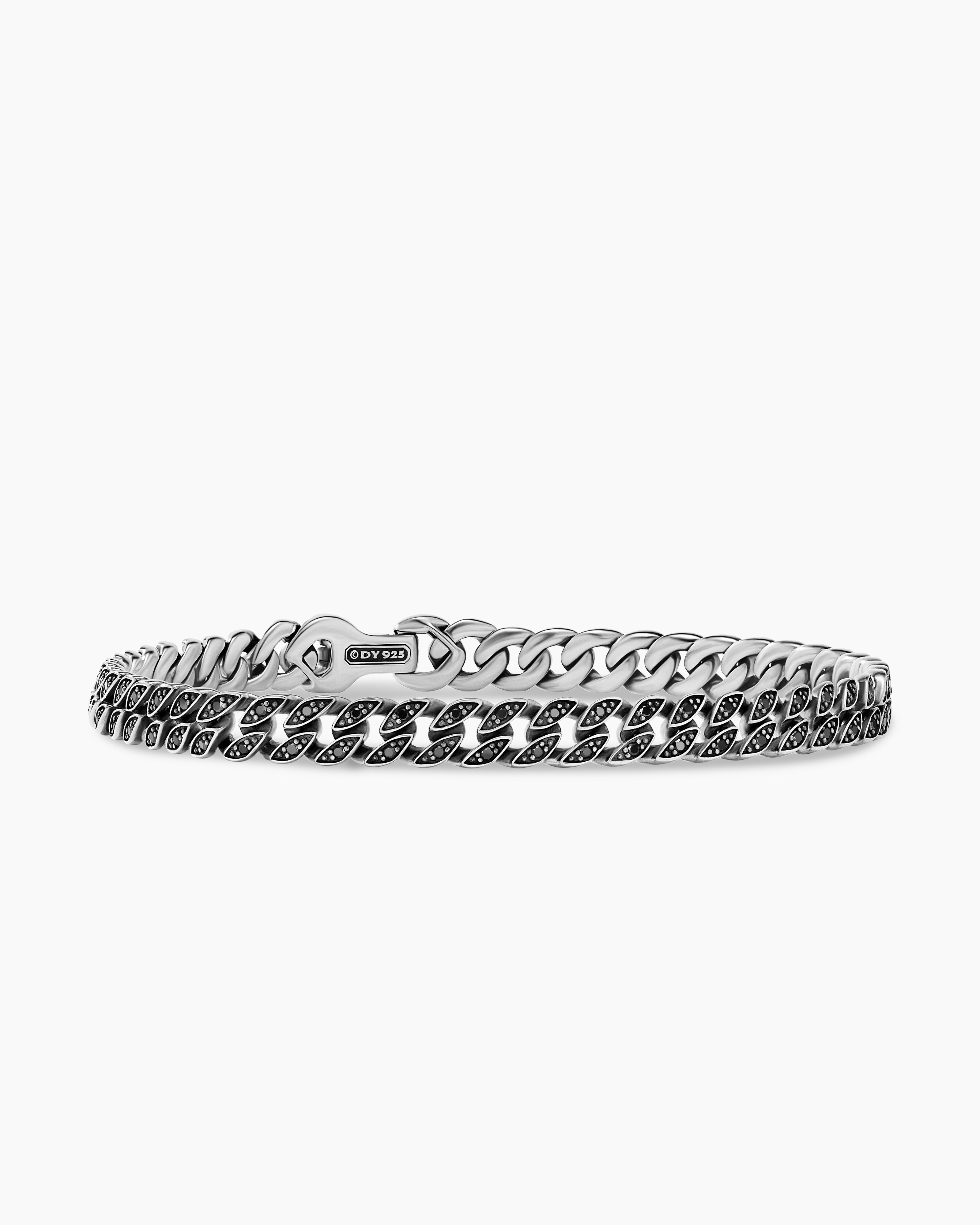 Curb Chain Bracelet in Sterling Silver with Black Diamonds, 11.5mm