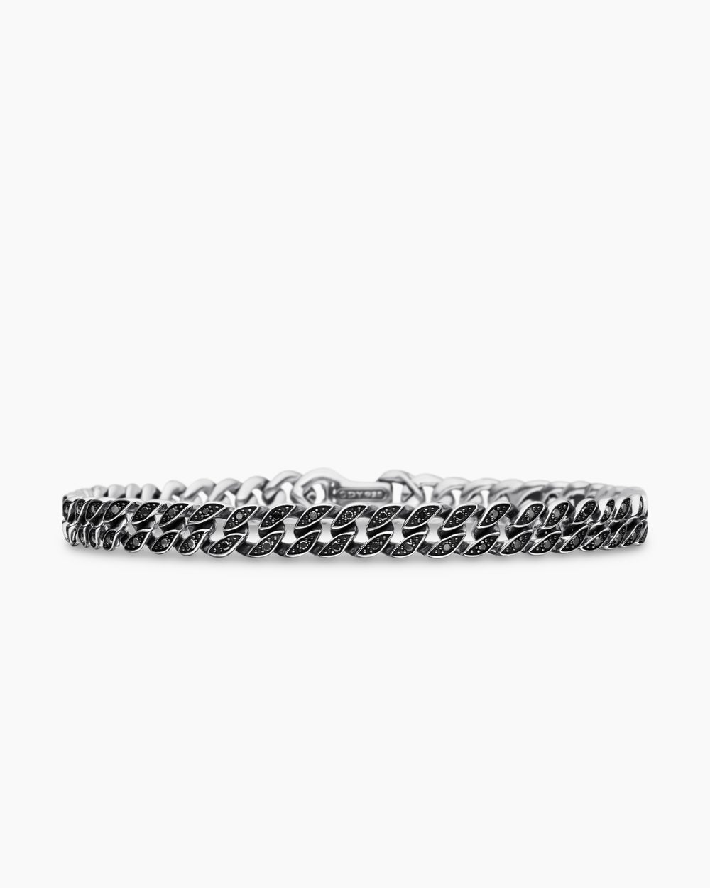 Mens Curb Chain Bracelet in Sterling Silver with Black Diamonds, 6mm