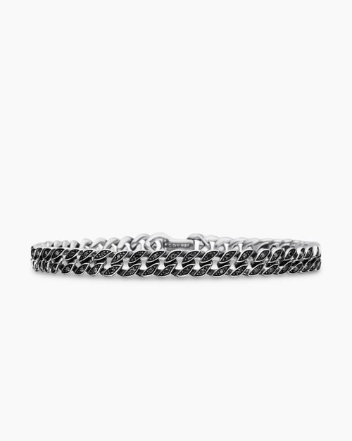Mens Curb Chain Bracelet in Sterling Silver with Black Diamonds, 6mm