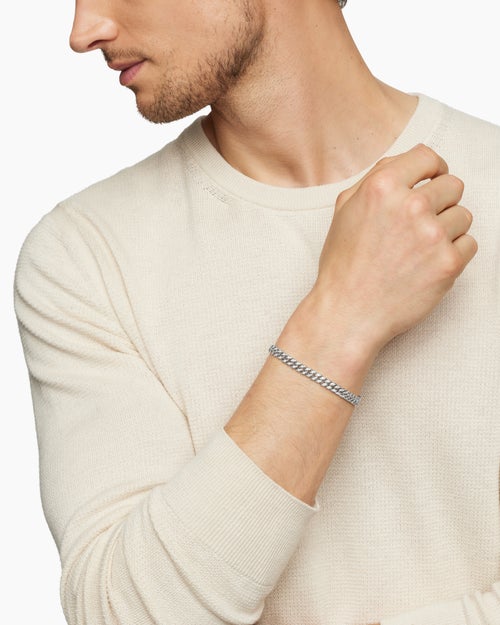 Mens Curb Chain Bracelet in Sterling Silver with Diamonds, 6mm