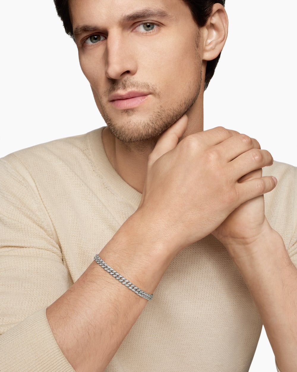 Mens Curb Chain Bracelet in Sterling Silver with Diamonds, 6mm