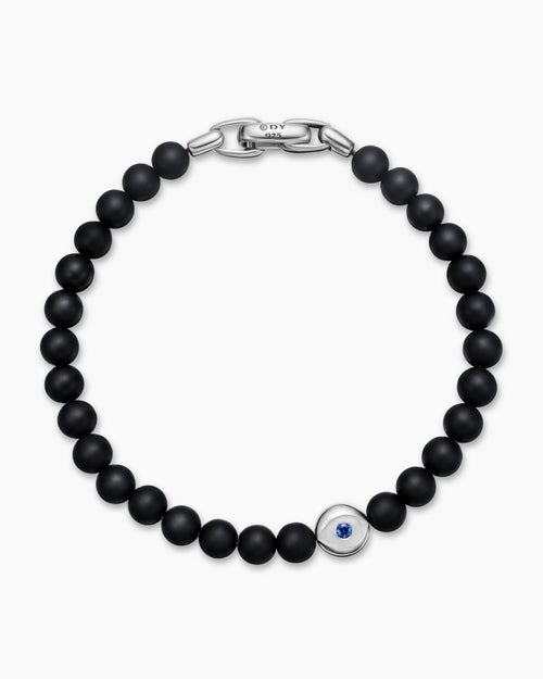 Mens Spiritual Beads Evil Eye Bracelet in Sterling Silver with Black Onyx and Sapphire, 6mm